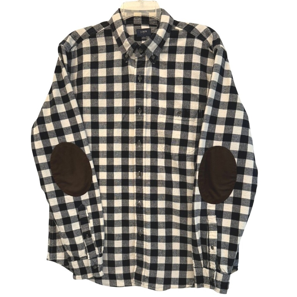 Men's J Crew Black & Cream Check Elbow Patch Cotton Flannel Shirt Size Large